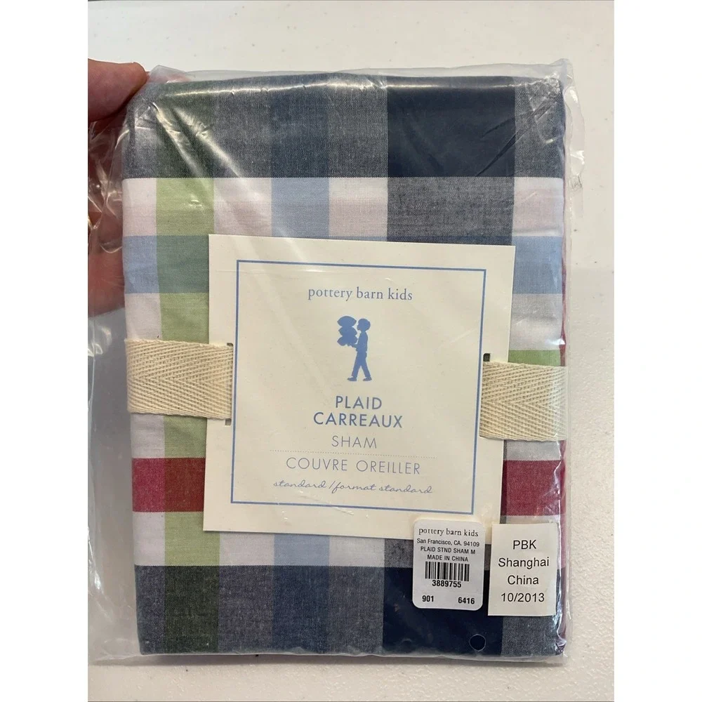 New Pottery Barn Kids Plaid Carreaux‎ Standard Pillow Sham Blue Plaid Cotton Boy